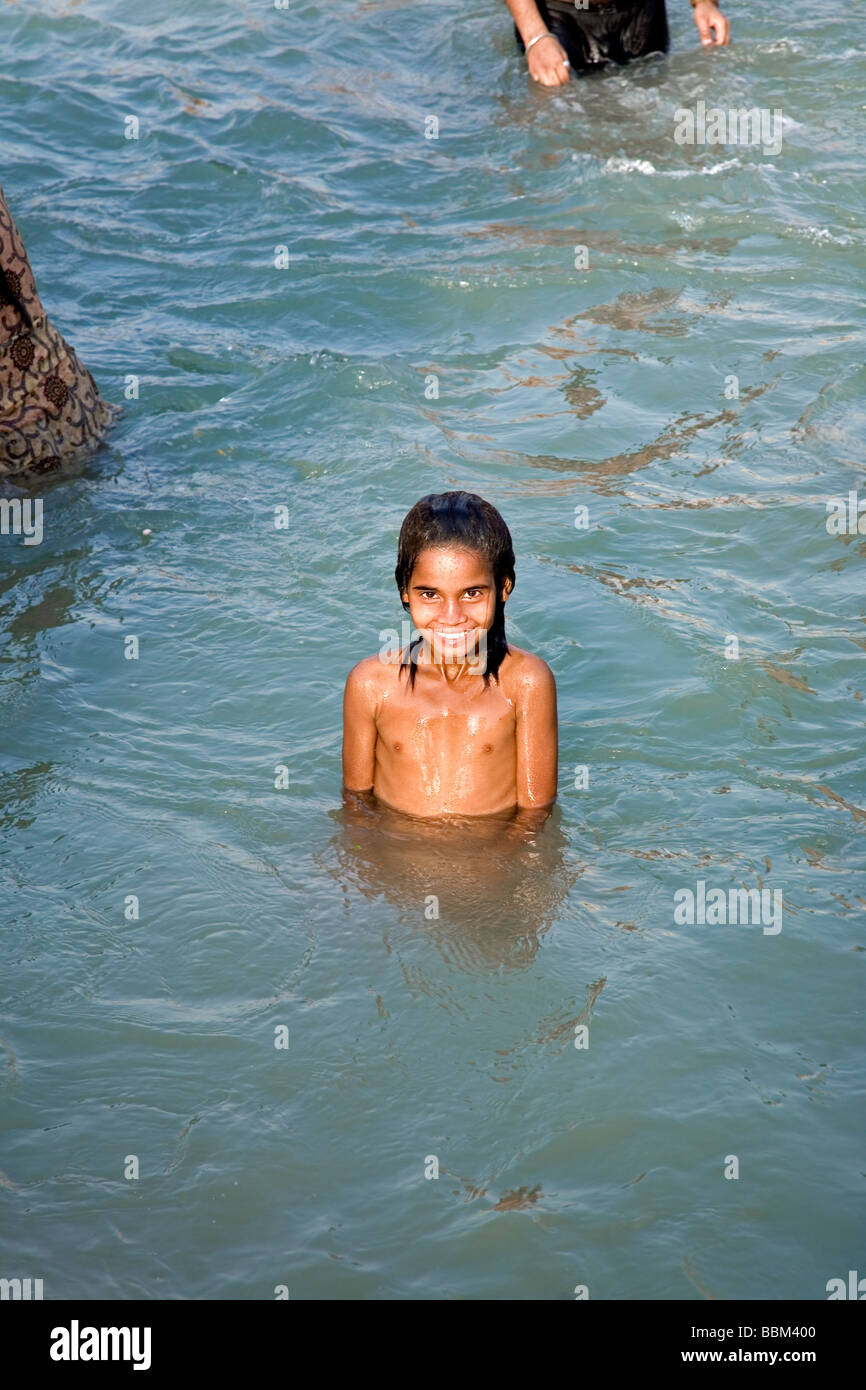 Indian girl bathing river