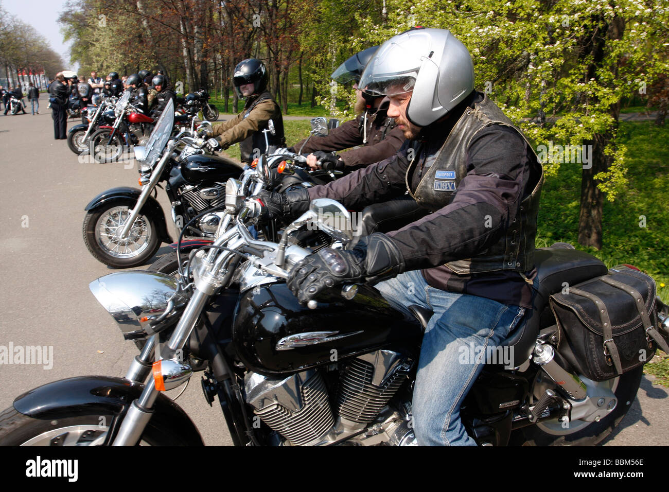 Members of Kyiv Kiev skinhead bikers club meet for the season opening ride in April 2009 Stock Photo