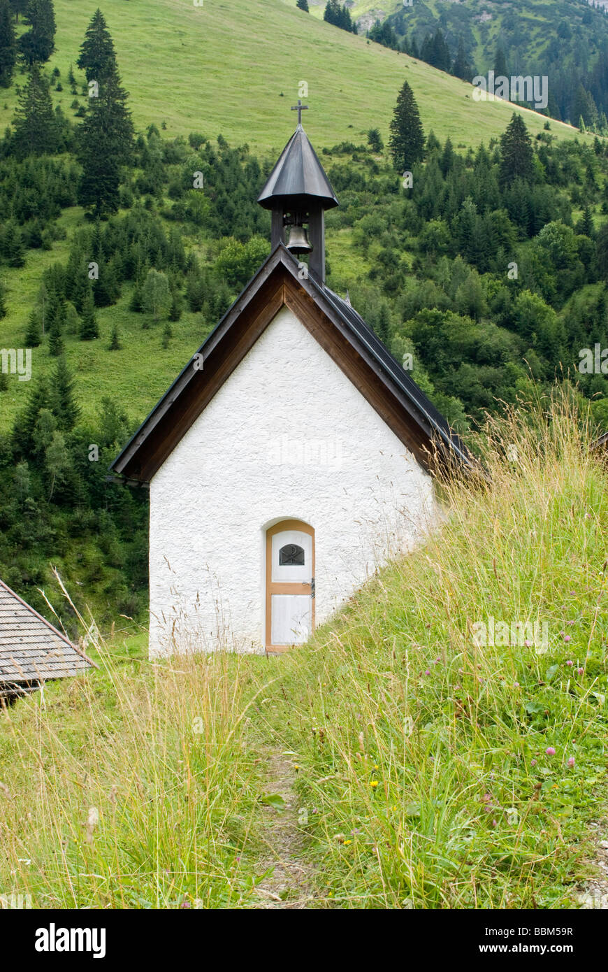 Alp chapel, Fallerschein mountain village, Stanzach district, Tyrol, Austria, Europe Stock Photo