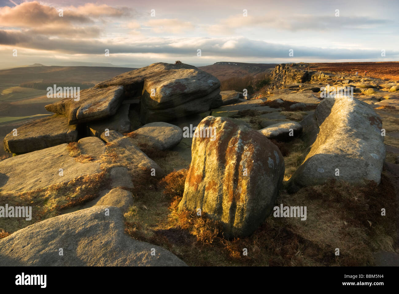 Stanage Edge Rocks Gritstone on Stanage edge Peak District national park near Hathersage ...