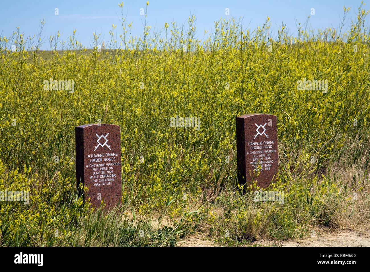 Indian headstones commemorating deaths of two Lakota Cheyennes at the Little Bighorn Battlefield National Monument. Stock Photo