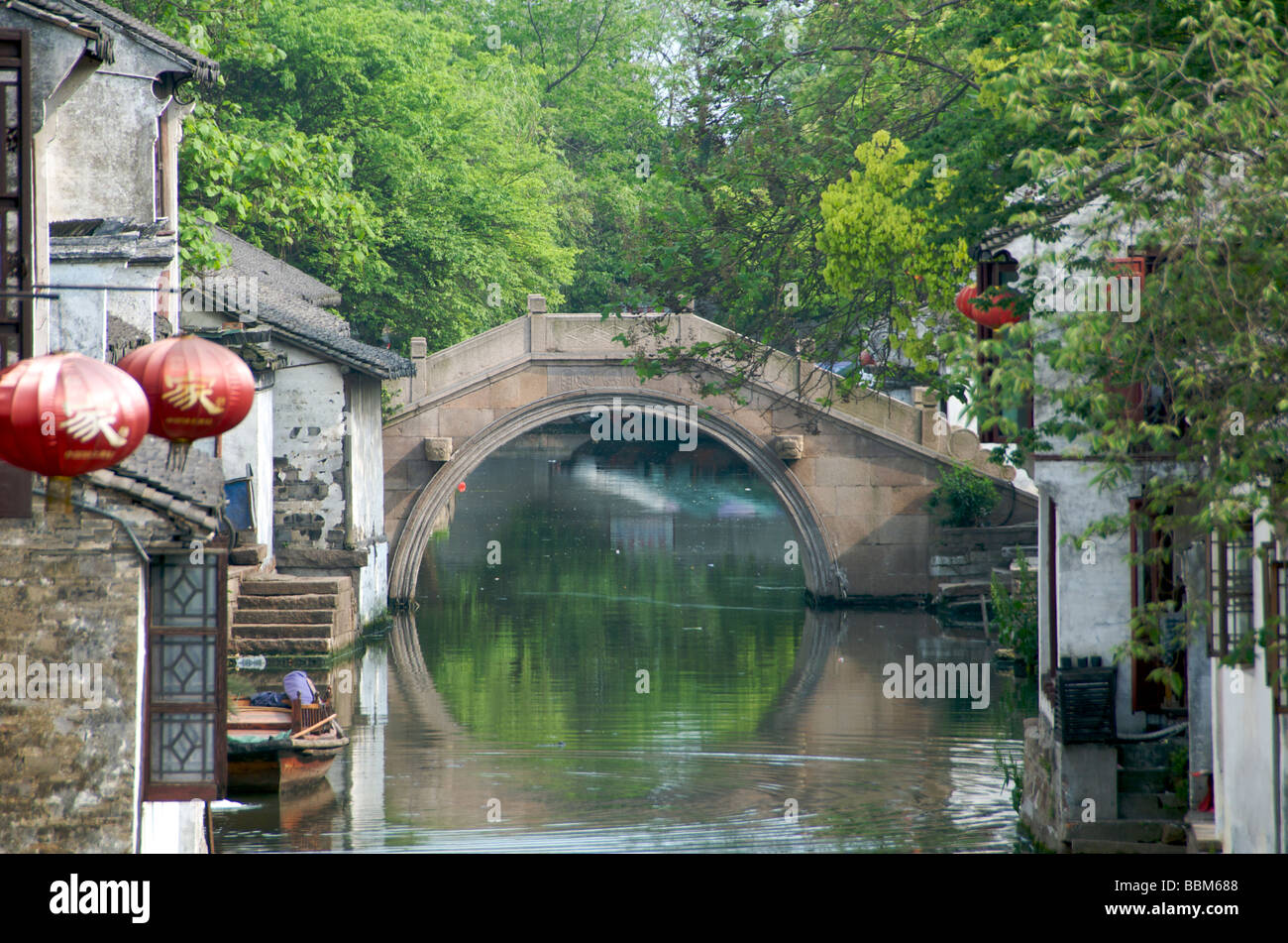 Longxing Bridge in the ancient water town of Zhouzhuang Jiangsu China Stock Photo