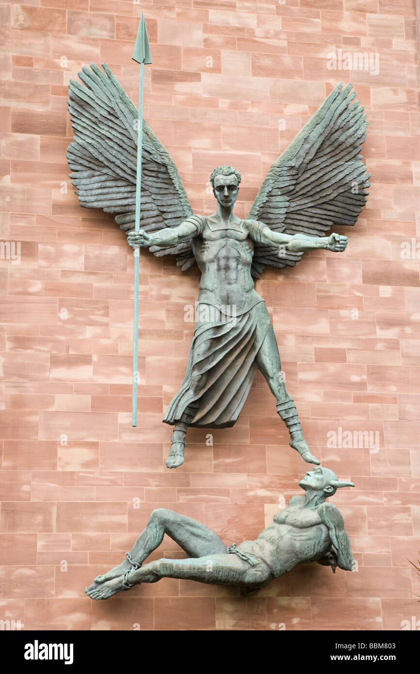St Michael's Victory over the Devil, sculpture by Sir Jacob Epstein at St Michael's or Coventry Cathedral, Leicester, England,  Stock Photo