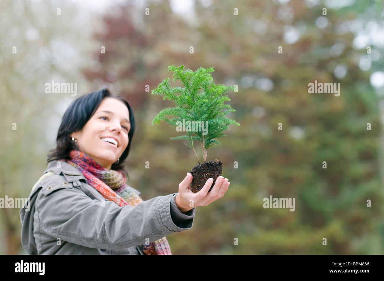 Young woman holding small tree, Vancouver, British Columbia Stock Photo