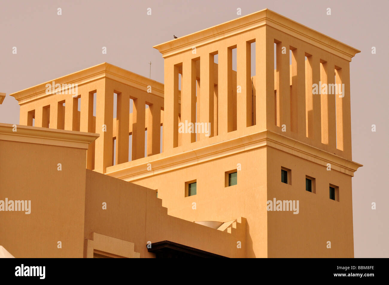 Stylized wind towers of the Desert Islands Resort and Spa, Sir Bani Yas Island, Abu Dhabi, United Arab Emirates, Arabia, Near E Stock Photo