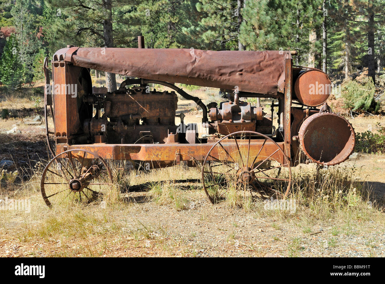 Historic air compressor, gas-operated, Sullivan brand for big pneumatic drills, mining museum of the Johnsville goldmine, Calif Stock Photo