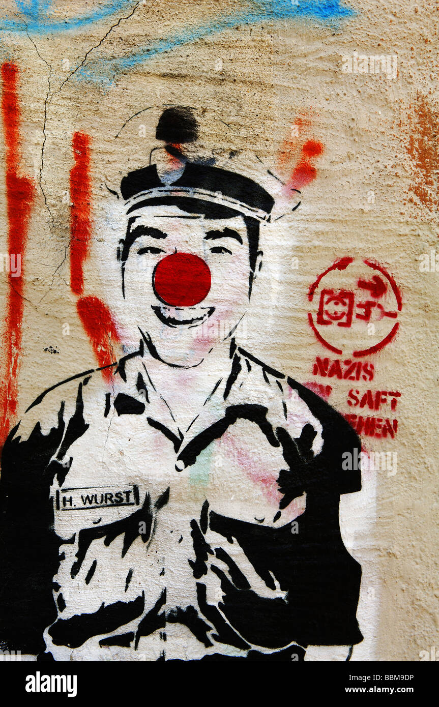 US police officer, red nose, graffiti on a garage wall, Regensburg, Lower Bavaria, Germany, Europe Stock Photo
