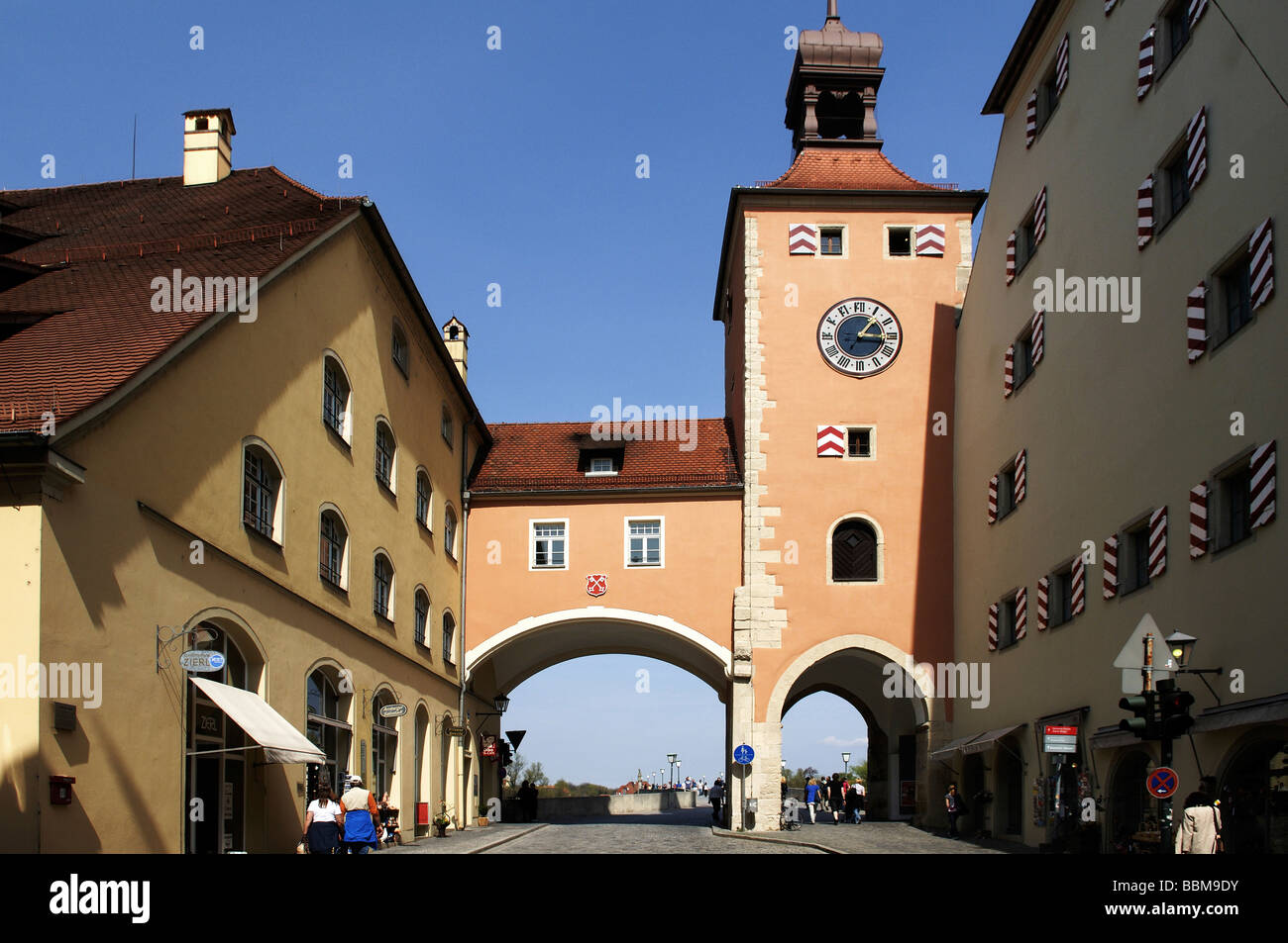 Bruecktor Gate at the Steinerne Bruecke Bridge, Regensburg, Lower Bavaria, Germany, Europe Stock Photo