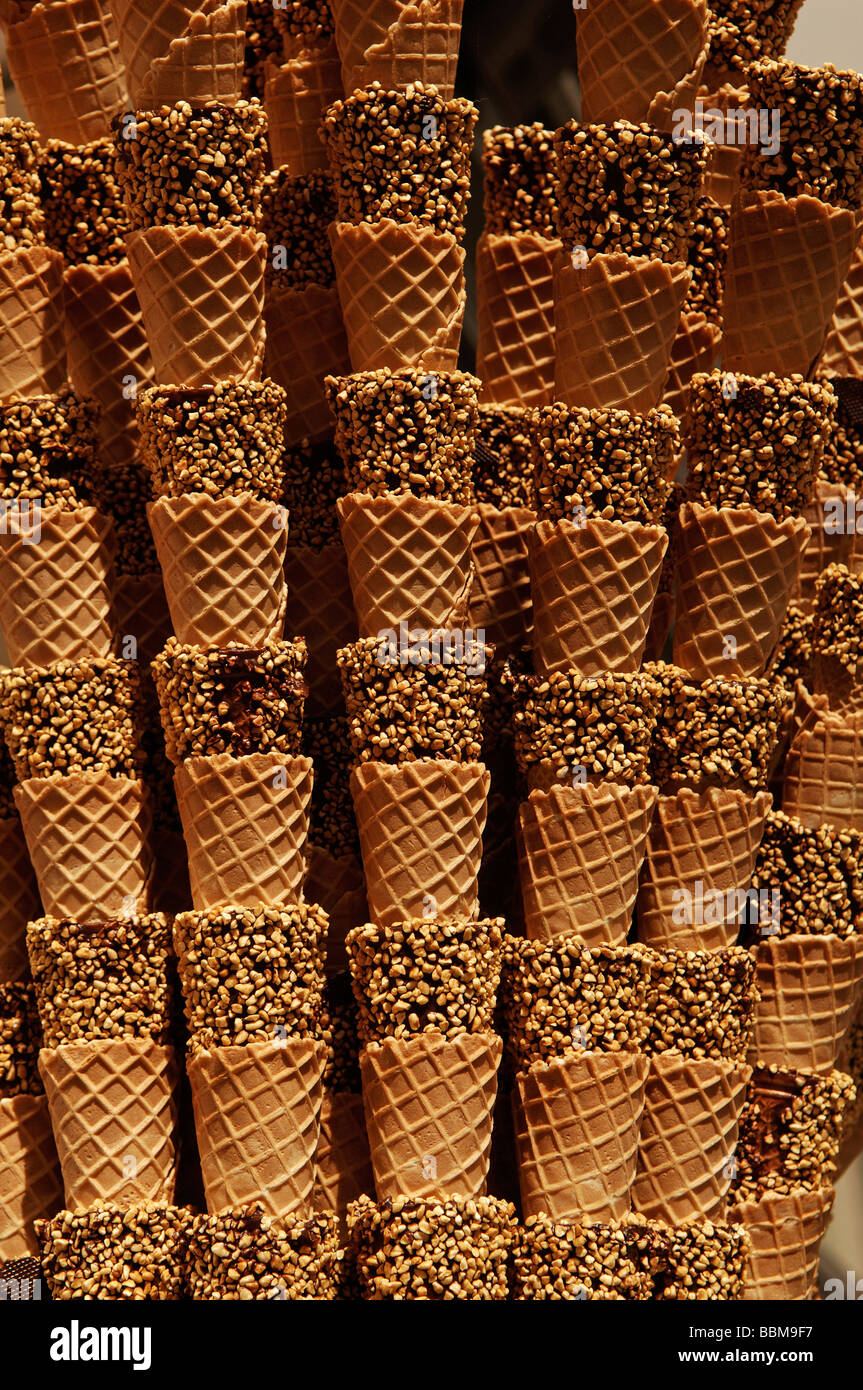 Stacked ice cream cones in an ice cream parlor, Regensburg, Lower