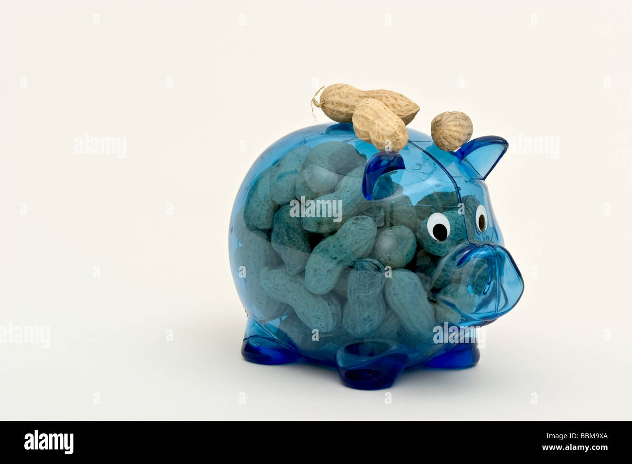 Clear blue piggy bank filled with unshelled peanuts with peanuts on top Stock Photo