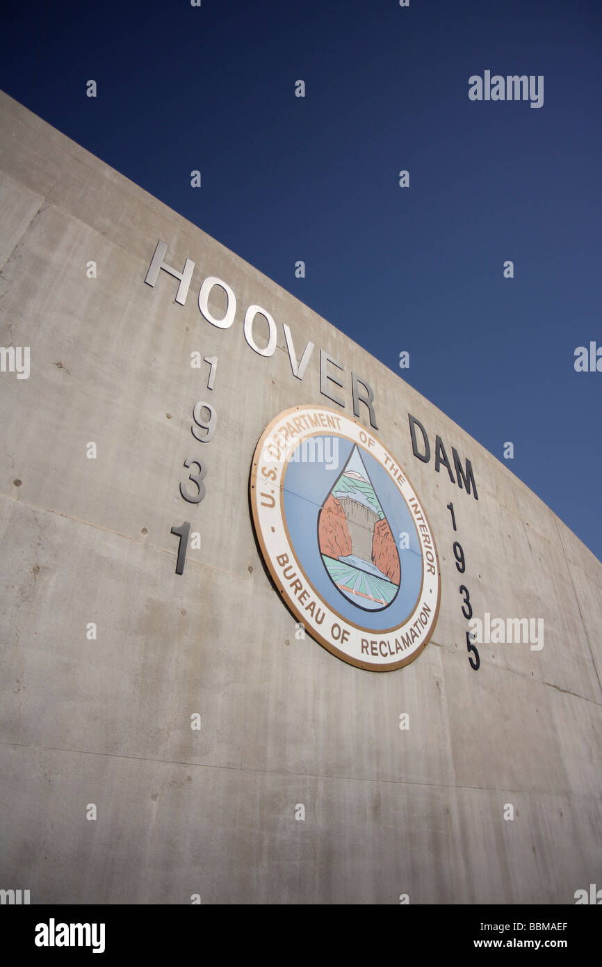 Plaque,Hoover Dam against clear blue sky, Stock Photo