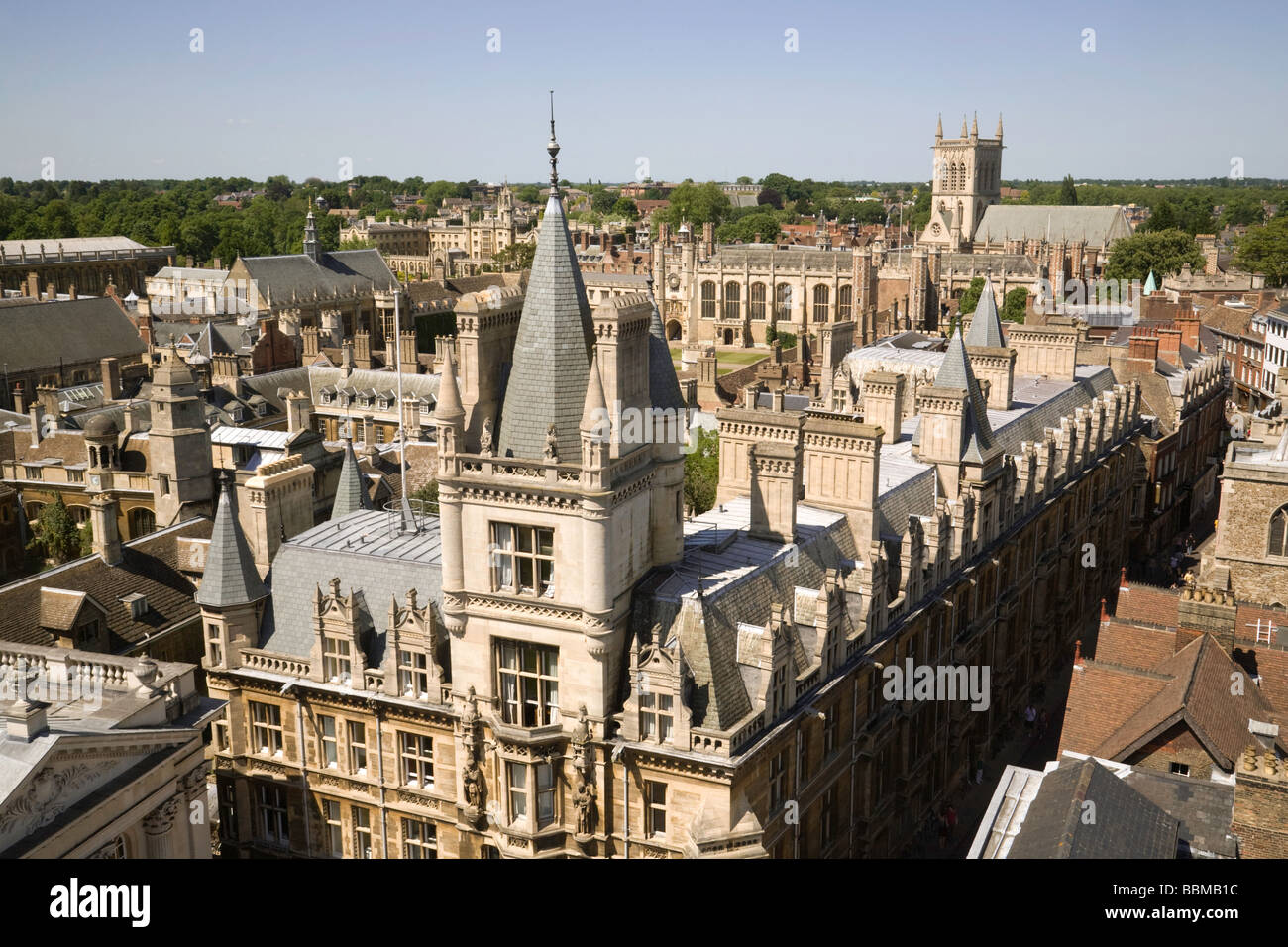 Cambridge skyline - view over Gonville and Caius and Trinity colleges towards St Johns College Chapel, Cambridge University colleges, Cambridge UK Stock Photo