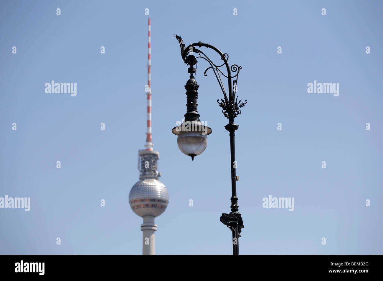 Historic street lantern and Fernsehturm TV tower, Berlin, Germany, Europe Stock Photo
