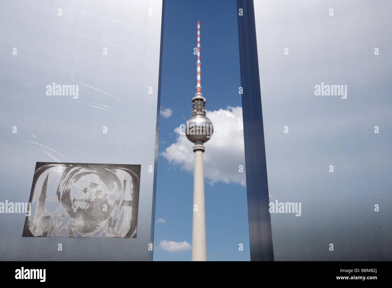 Fernsehturm TV tower and information panels of Marx Engels Forum, Berlin, Germany, Europe Stock Photo