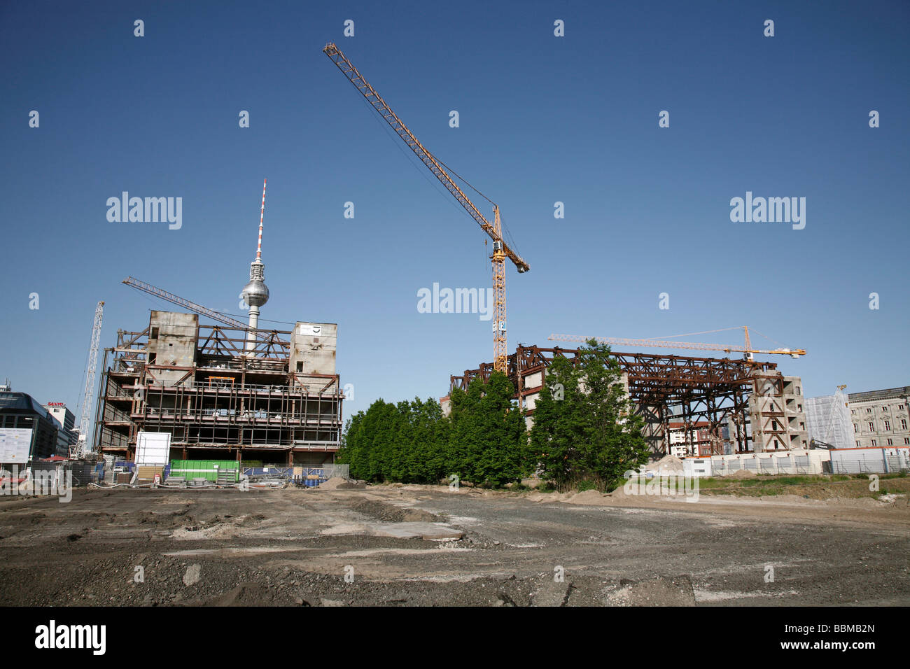 Fernsehturm TV tower behind the deconstruction of the Palace of the Republic with construction cranes, Berlin, Germany, Europe Stock Photo