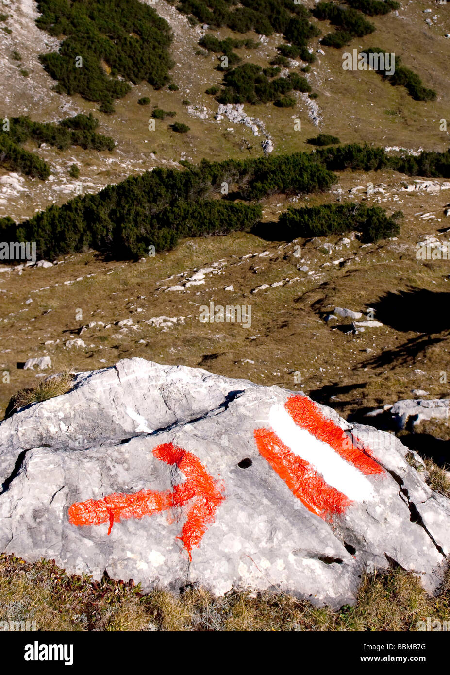 Marking for a hiking trail, red arrow, Karwendel Range, Tyrol, Austria, Europe Stock Photo