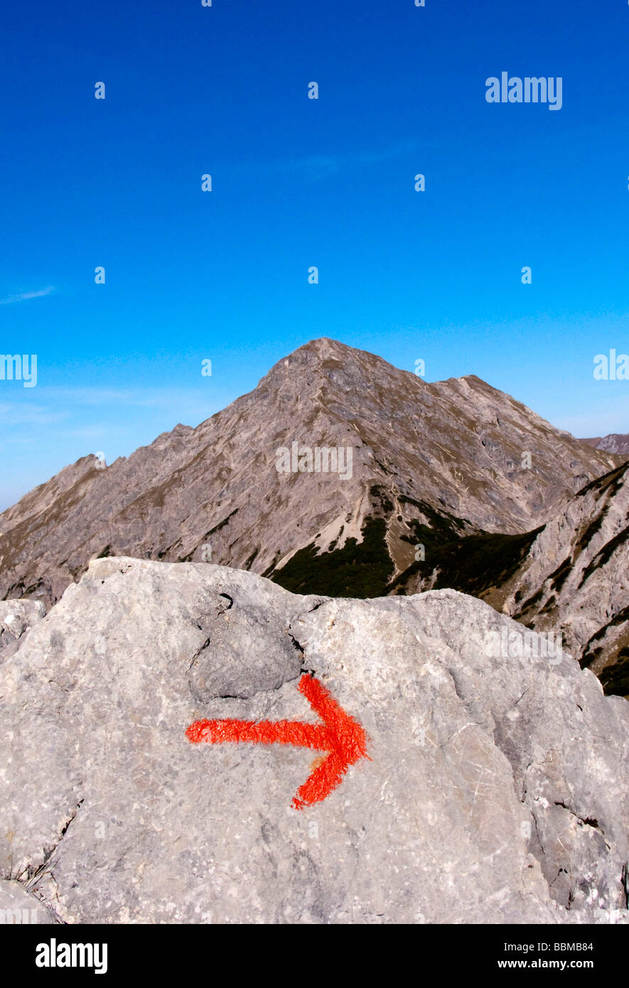 Marking for a hiking trail, red arrow, Karwendel Range, Tyrol, Austria, Europe Stock Photo