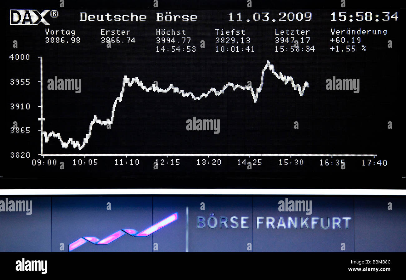 Quotation board of the DAX, trading floor of the Frankfurt Stock Exchange by Deutsche Boerse AG in Frankfurt am Main, Hesse, Ge Stock Photo