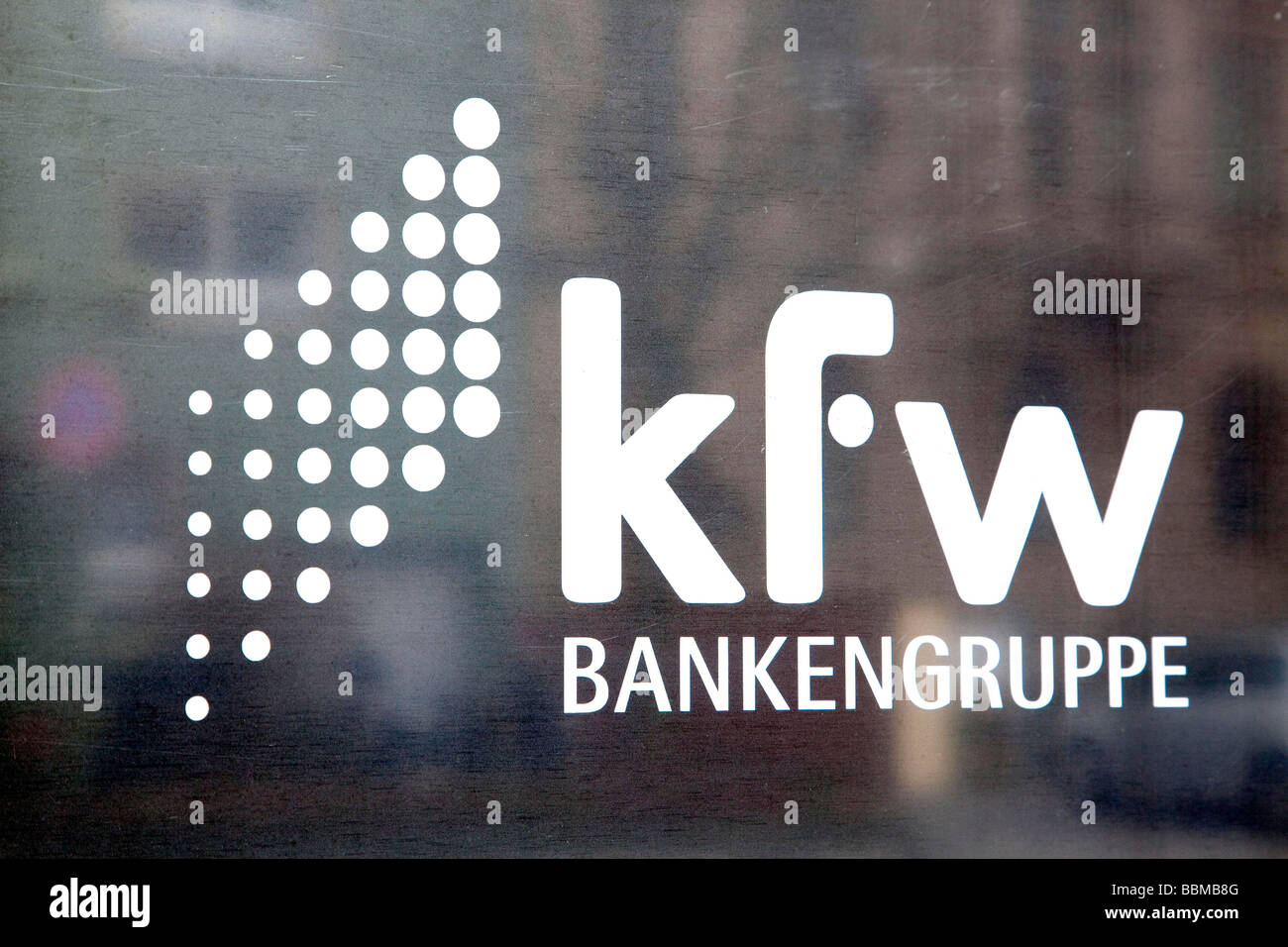 Logo at the headquarters of the KfW banking group, Kreditanstalt fuer Wiederaufbau, Reconstruction Loan Corporation, Frankfurt  Stock Photo