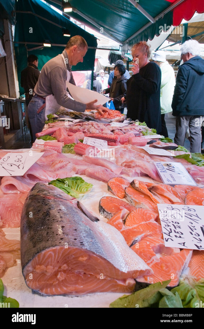 Salmon on sale at the Pescheria Rialto fish market San Polo Venice Italy Stock Photo