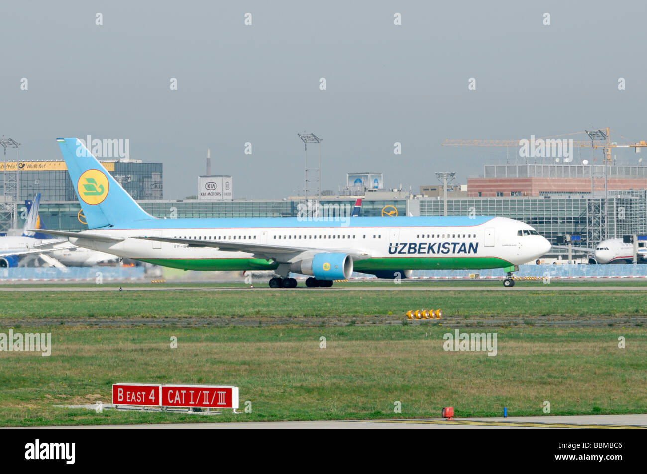 Uzbekistan Airways Boeing767-33P ER, after the landing, Frankfurt Airport, Frankfurt am Main, Hesse, Germany, Europe Stock Photo