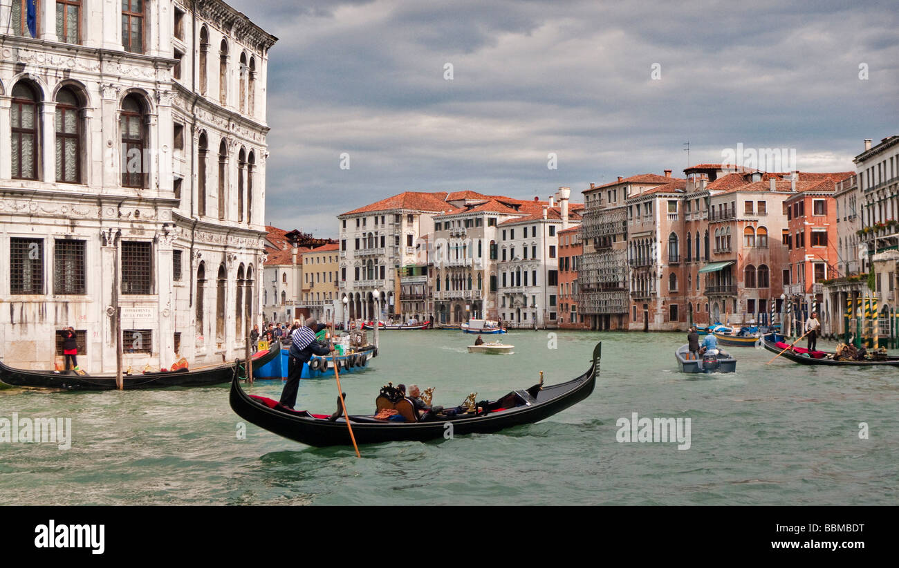 Gondola on Grand Canal near Rialto Bridge Venice Italy Stock Photo
