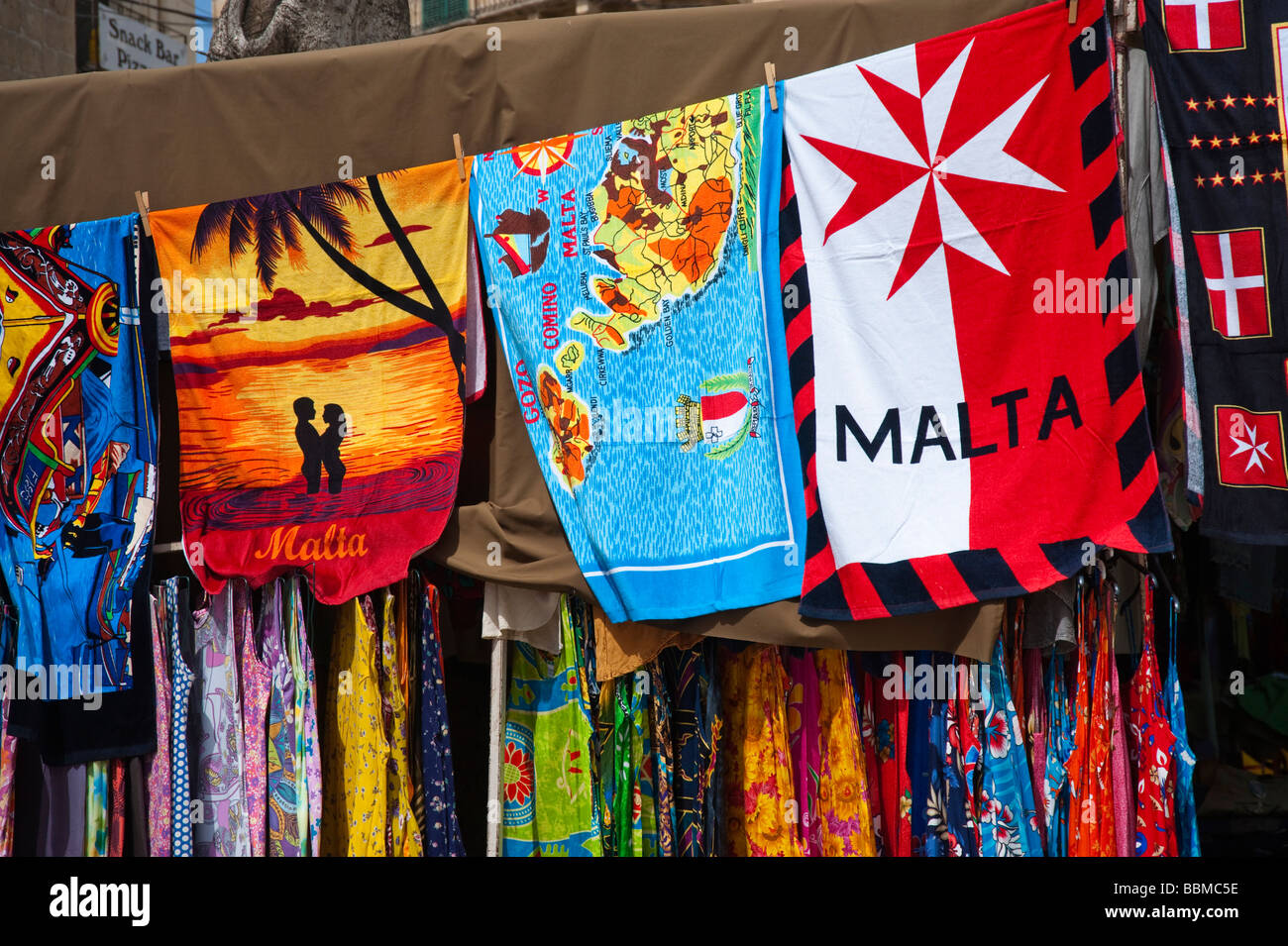 Towels, bath towels on the market in Viktoria, souvenirs, Malta Stock