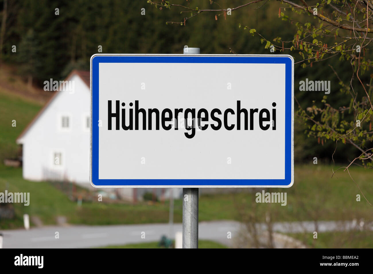 Sign 'chicken clamor', municipality Altenfelden, Muehlviertel, Upper Austria, Austria, Europe Stock Photo