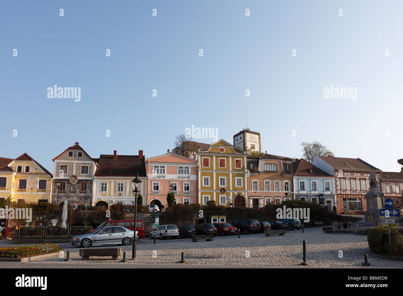 Town Hall Square and castle, Weitra, Waldviertel, Lower Austria, Austria, Europe Stock Photo