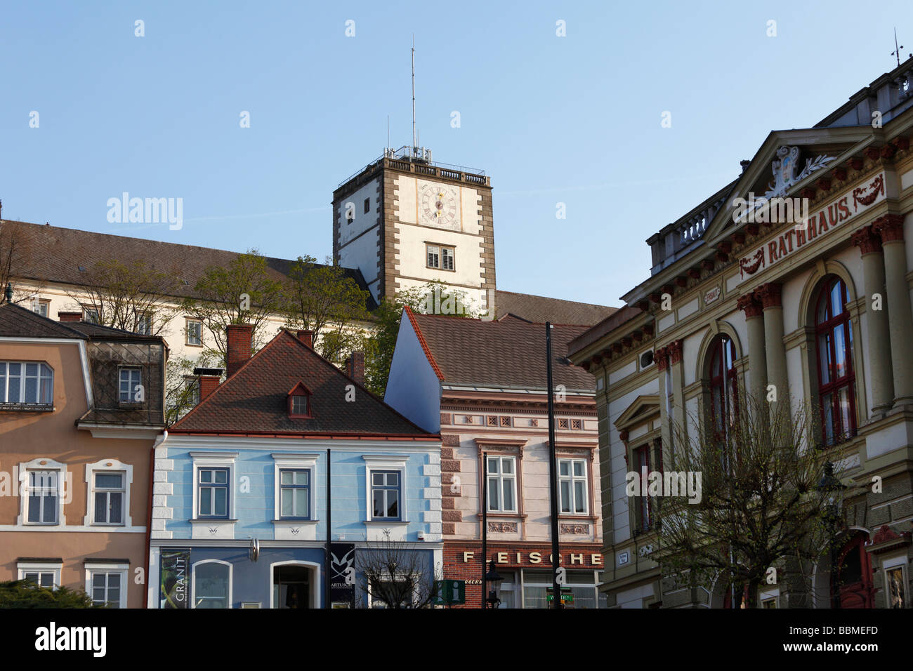 Town Hall Square and castle, Weitra, Waldviertel, Lower Austria, Austria, Europe Stock Photo