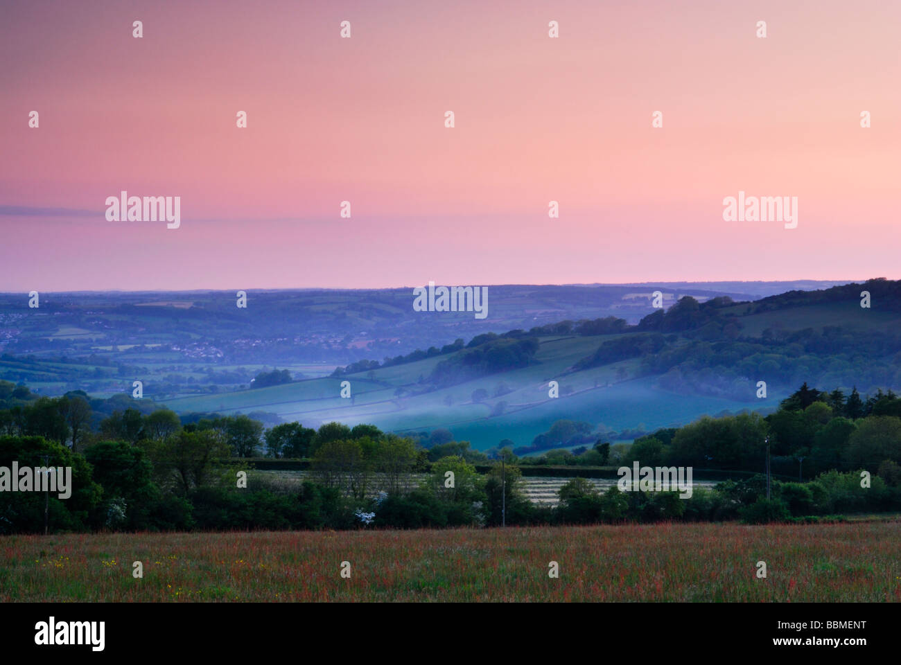 Looking across the Axe valley at sunset Nr Axminster Devon England UK Stock Photo