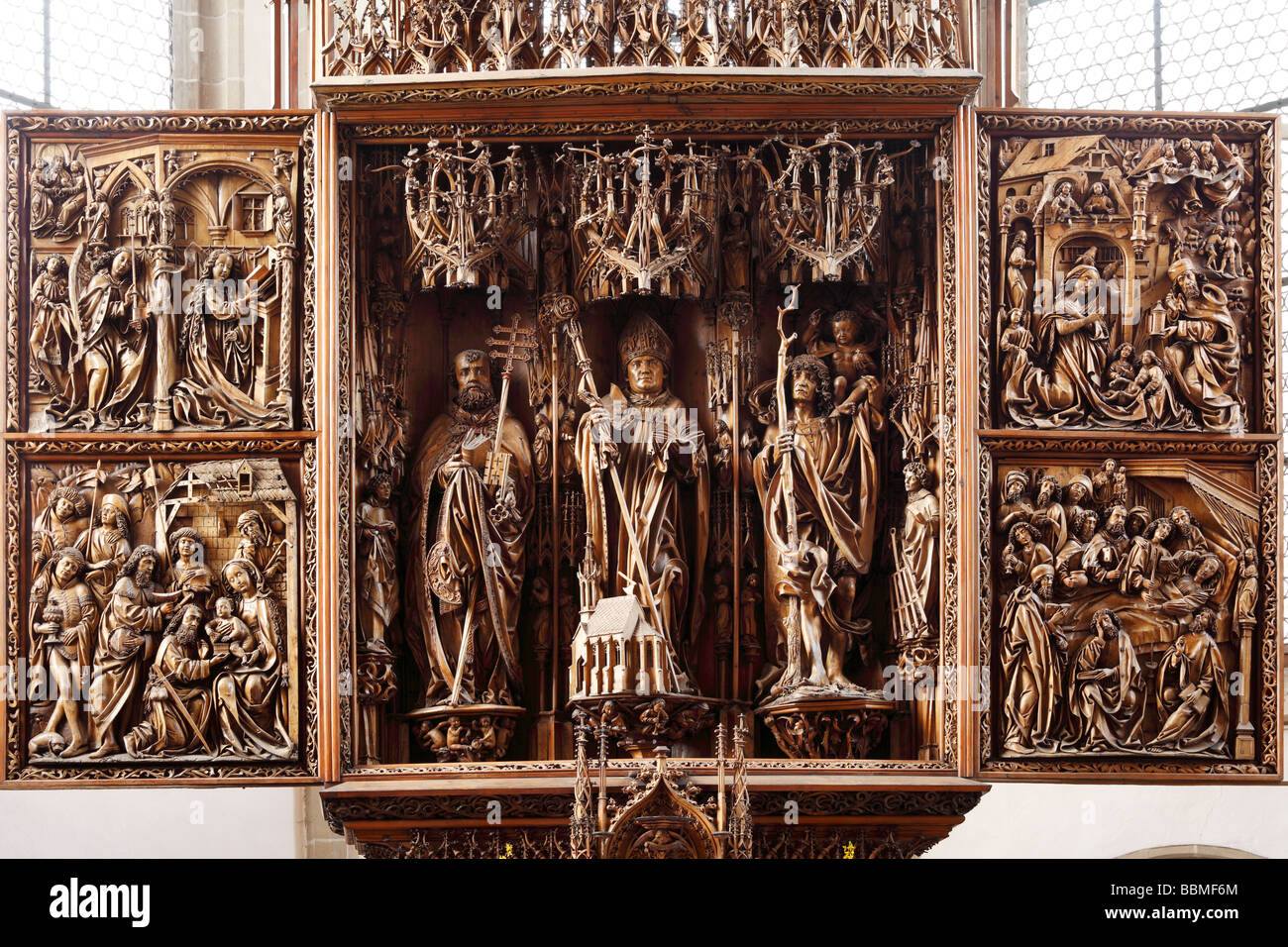 Gothic altar cut from linden wood, parish church of St. Wolfgang, Kefermarkt, Muehlviertel, Upper Austria, Austria, Europe Stock Photo