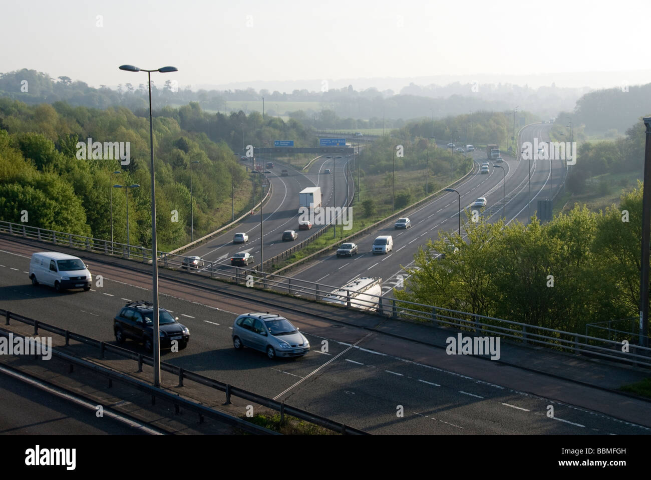 Traffic on bridge over M25 motorway at Chipstead, near Sevenoaks, Kent