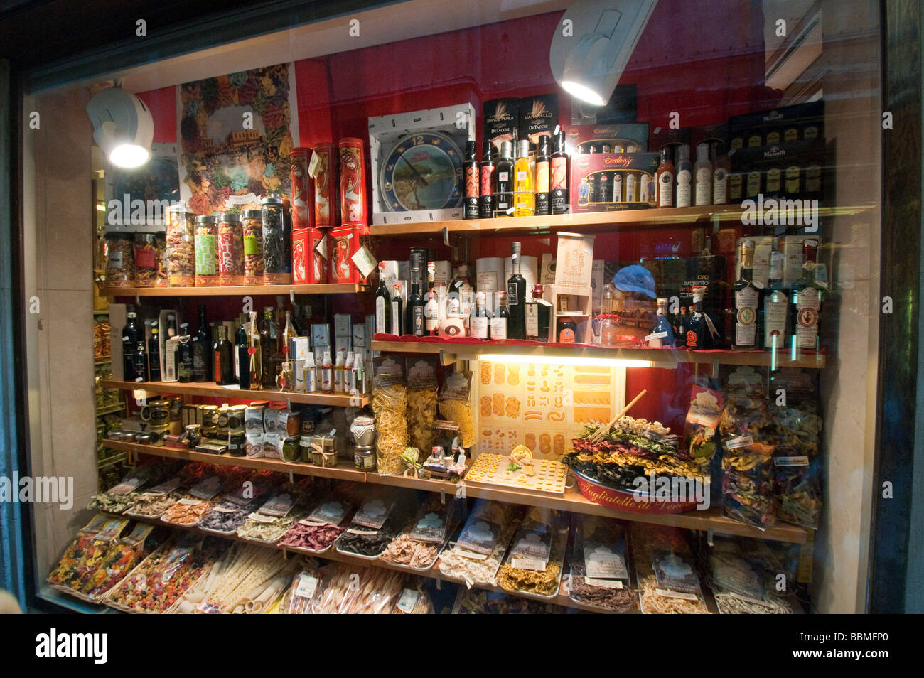 Balsamic vinegar and pasta display in speciality food shop Venice Italy Stock Photo