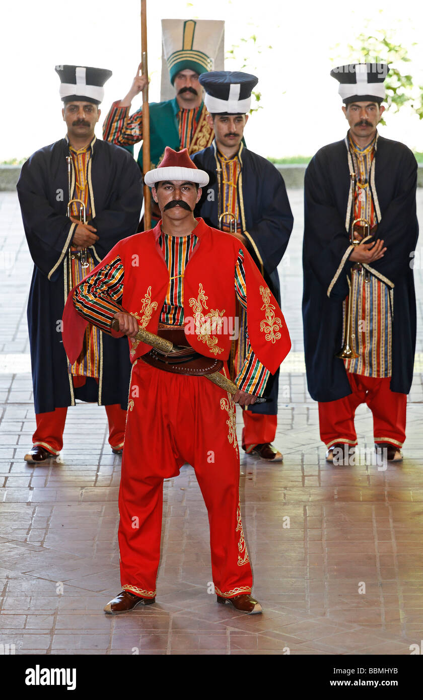 Actors in period costumes, Janitscharen military band, Mehter band, show in the military museum, Askeri Mues, Osmanbey, Istanbu Stock Photo