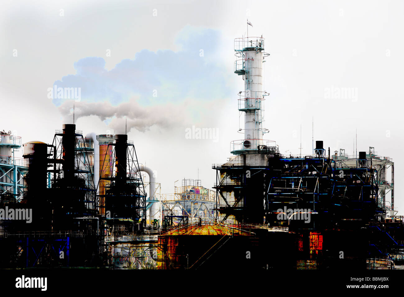 Industrial building with smoke stacks (Digital Composite) Stock Photo