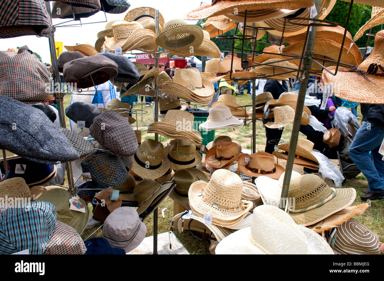 A variety of hats for sale on stall at Cambridge strawberry fair Stock