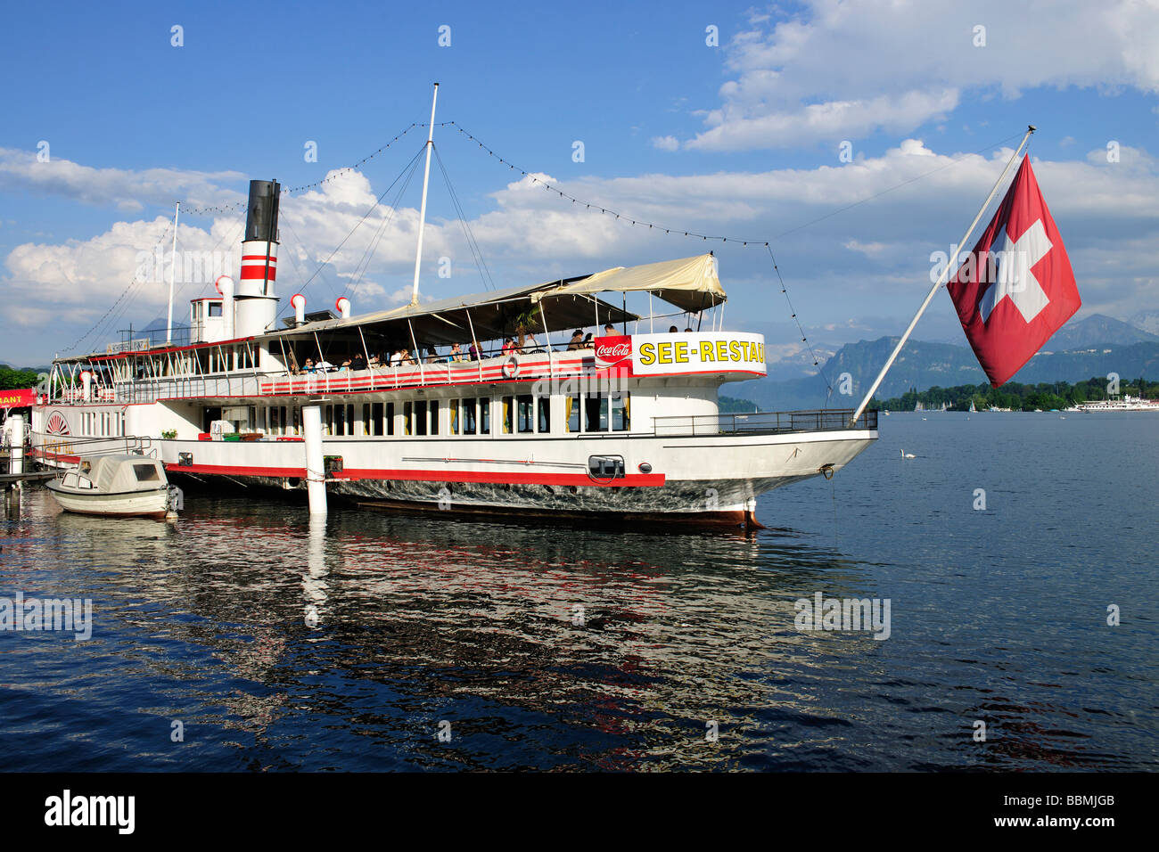 Lake restaurant on board a ship on Lake Lucerne in the port of Lucerne, Canton of Lucerne