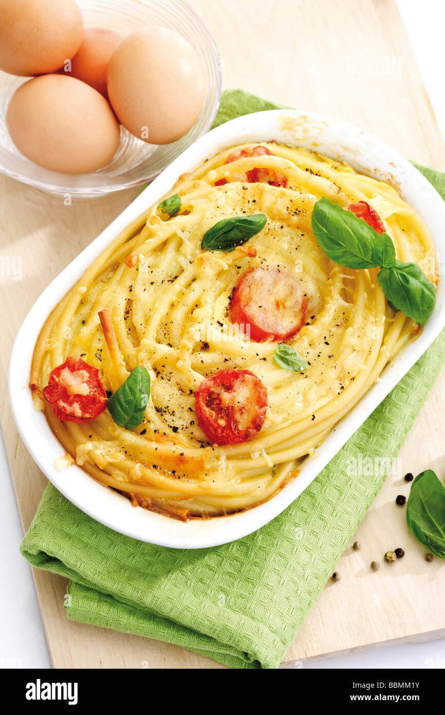 Pasta bake, macaronicasserole and chicken eggs Stock Photo Alamy