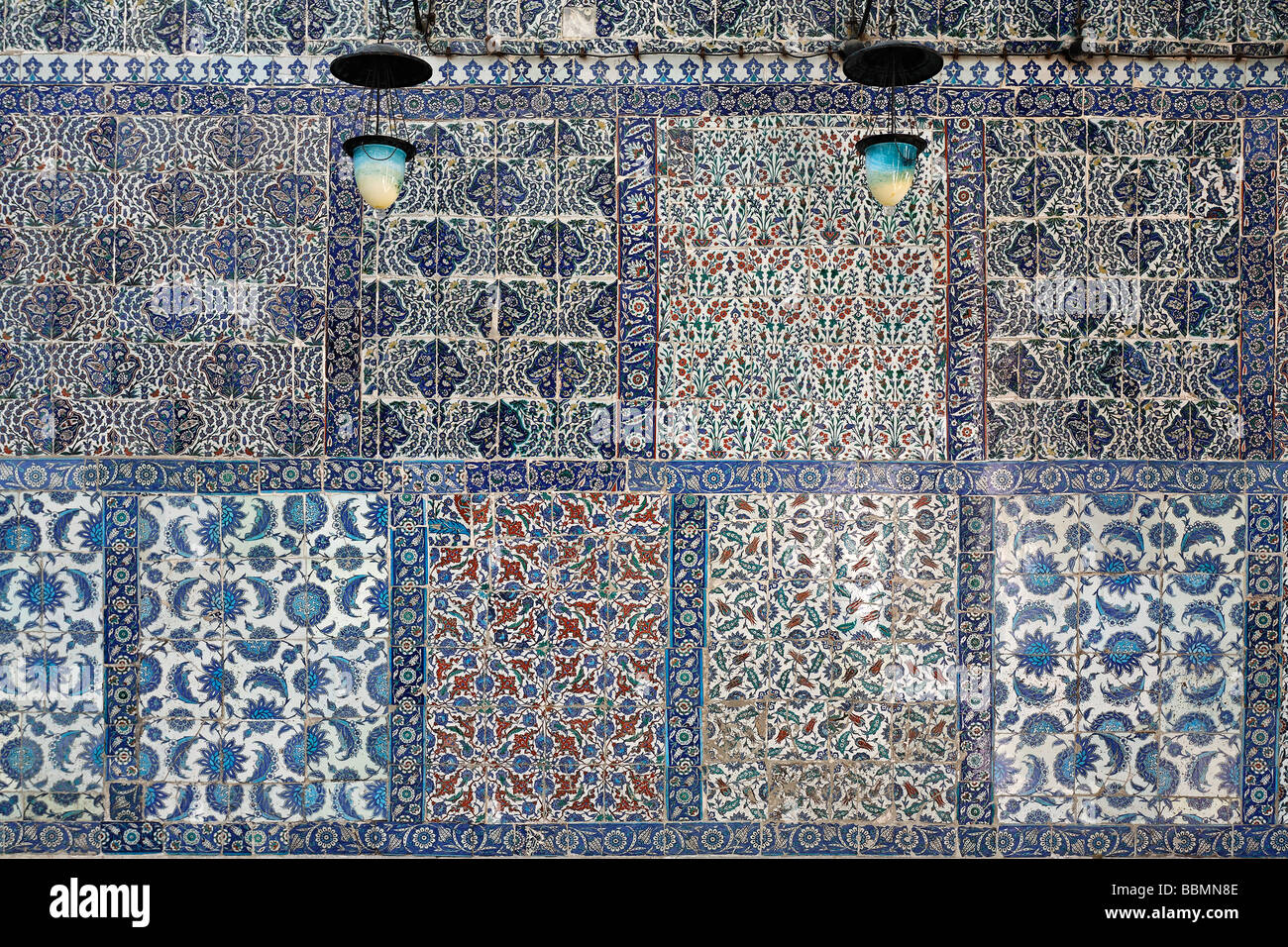 Wall, clad with magnificent Iznik tiles, mausoleum of Mohammed's standard-bearer Eyuep Ensari, Eyuep village, Golden Horn, Ista Stock Photo