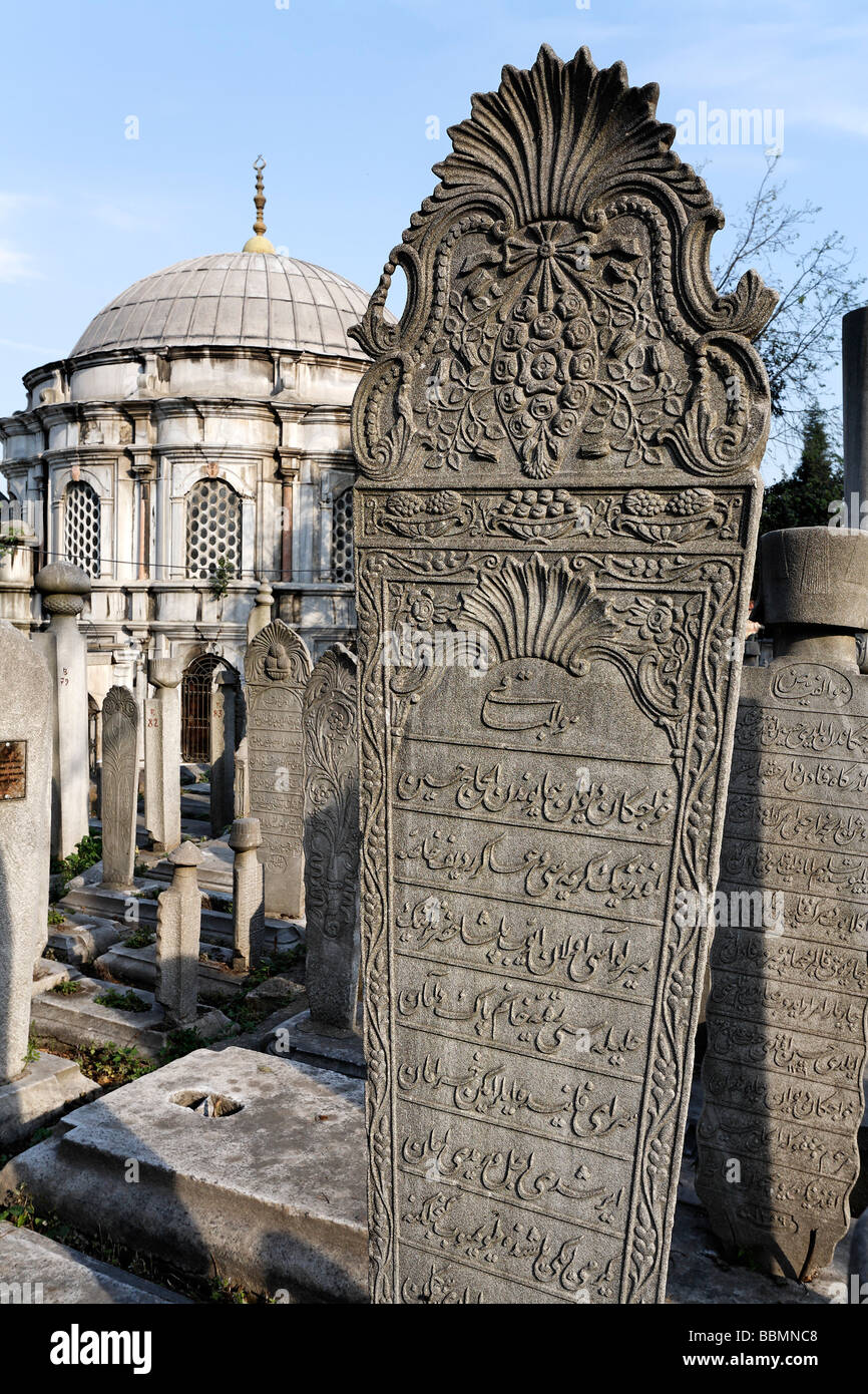 Beautifully decorated Muslim tombstone in front of a mausoleum, Ottoman Baroque style, Eyuep village on the Golden Horn, Istanb Stock Photo