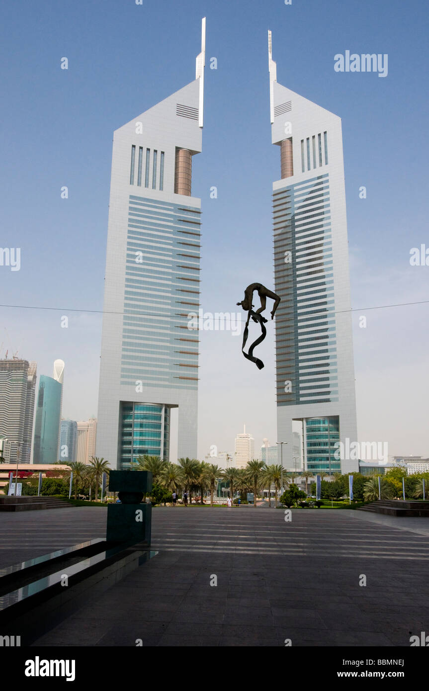 Jumeirah Emirate Towers and Dubai Stock Exchange art in the Financial district of Dubai Stock Photo