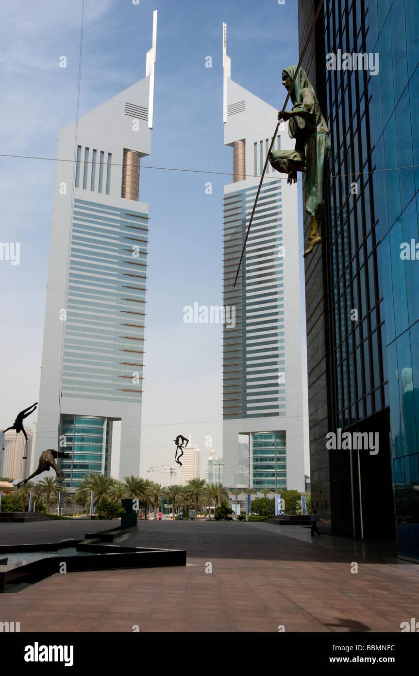 Jumeirah Emirate Towers and Dubai Stock Exchange art in the Financial district of Dubai Stock Photo