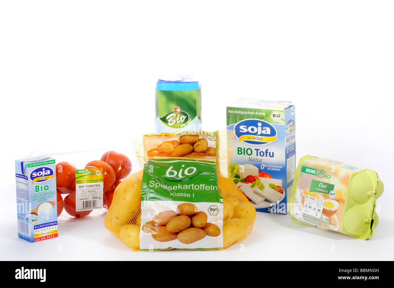 Various foods with organic labeling 'bio' Stock Photo