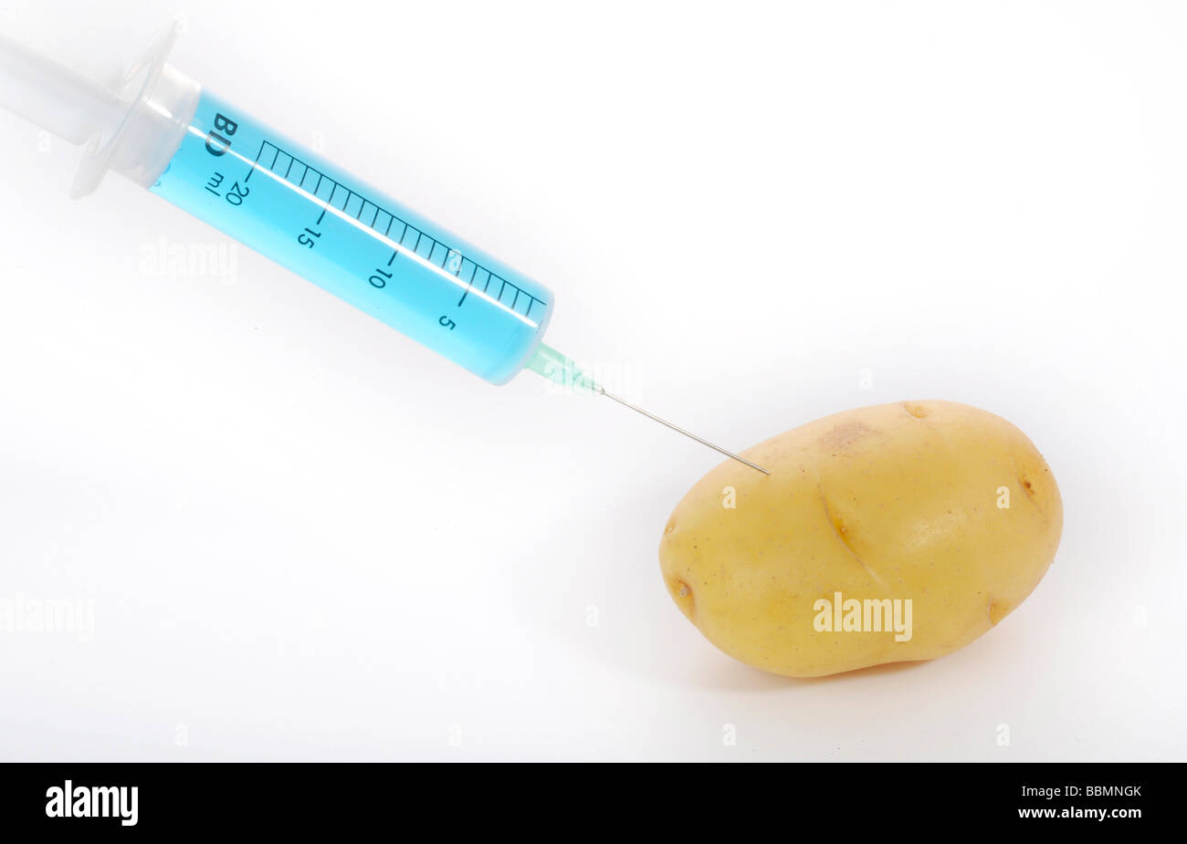 Syringe in potato, symbolic picture, genetically modified foods Stock Photo
