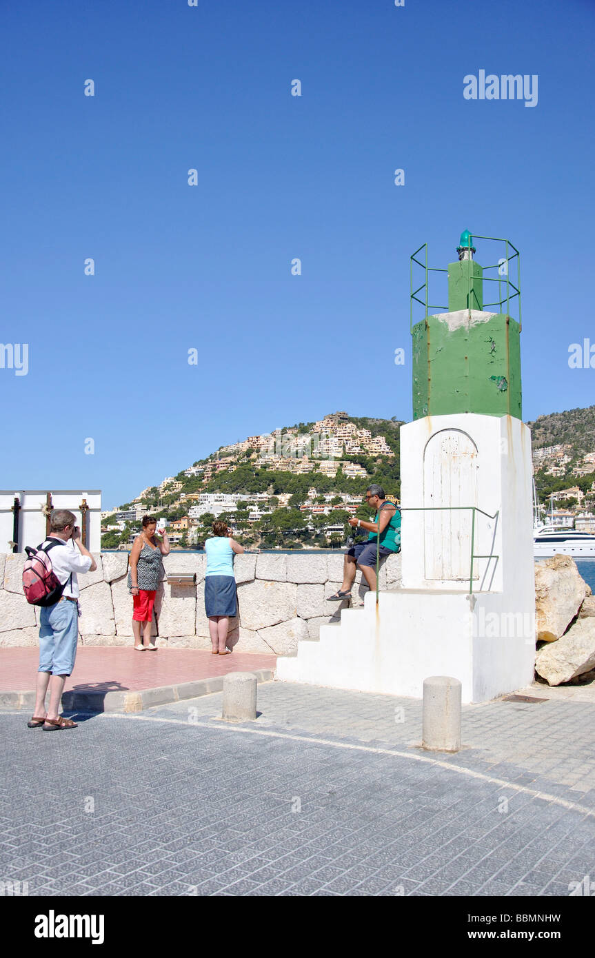 Pier lighthouse in harbour, Port d’Andratx, Andratx Municipality, Mallorca, Balearic Islands, Spain Stock Photo