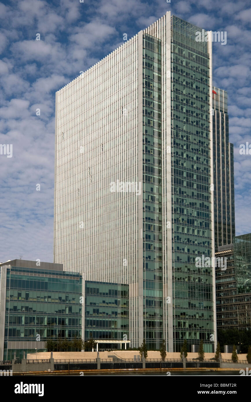 A glass and steel office building in Canary Wharf in East London uk Stock Photo