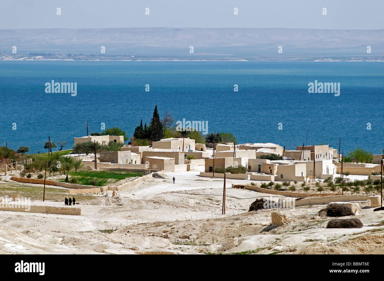 Village with adobe buildings on the Assad storage lake on the Euphrates, Syria, Asia Stock Photo