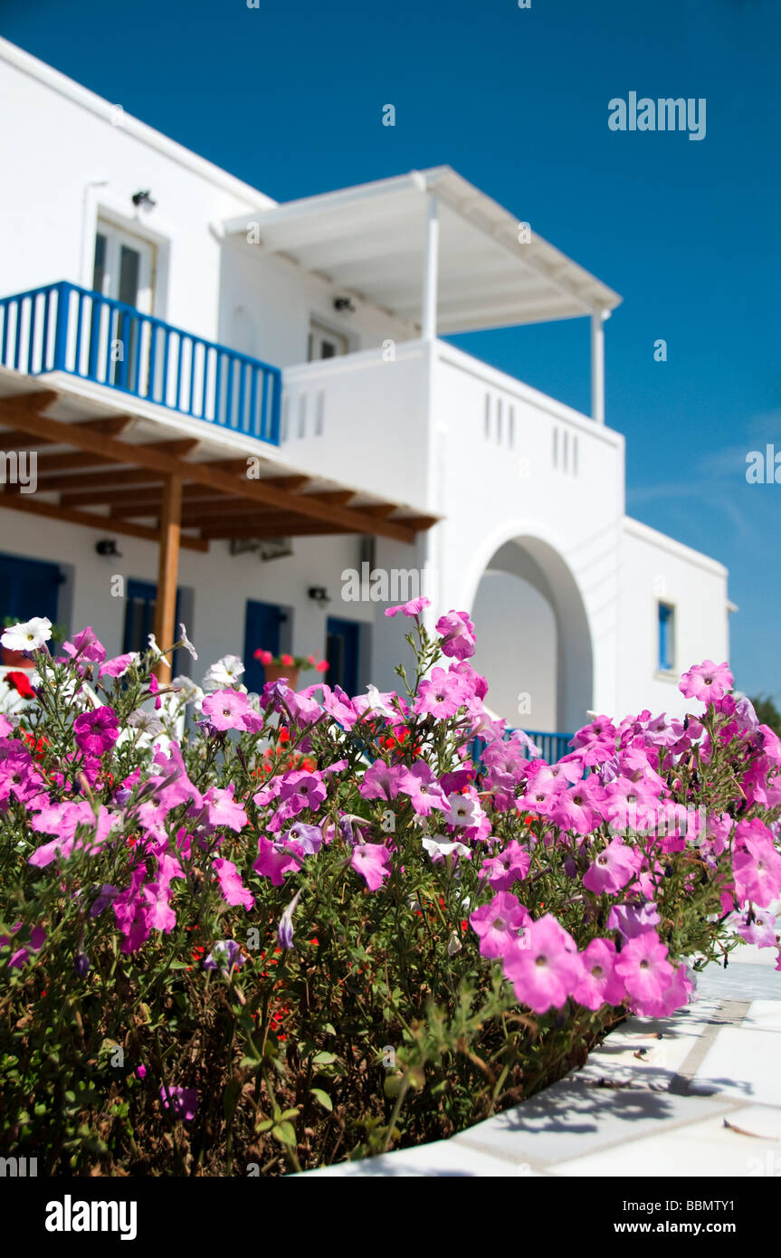 greece greek islands architecture cyclades greek island whitewashed building construction generic blue shutters stucco white flo Stock Photo