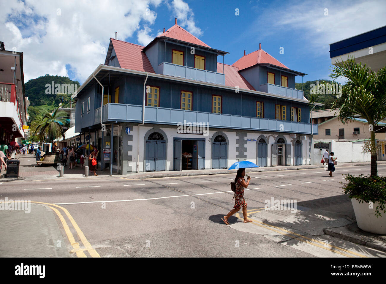 Shops on Independence Avenue, Victoria, Mahe Island, Seychelles Stock